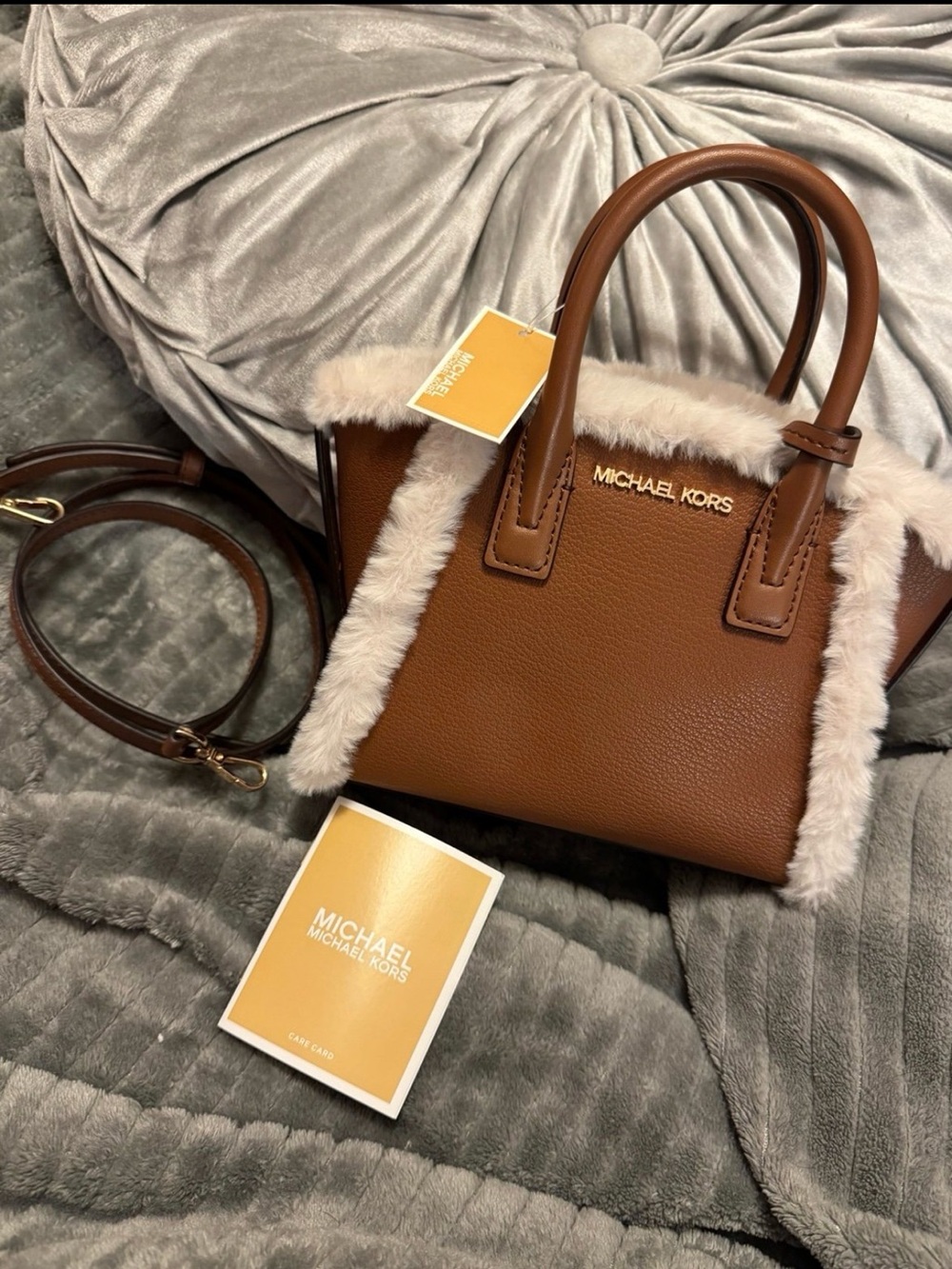 Michael Kors Brown Leather Satchel with Cream Shearling Trim